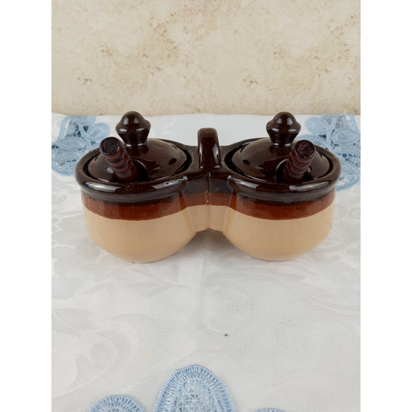Vintage Brown & Tan Glazed Ceramic Double Condiment Dish w/ Lids & Spoons Taiwan - Picture 1 of 8